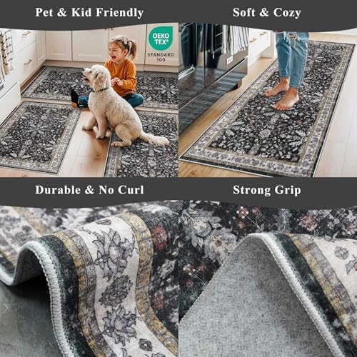 Square Rugs 5x5 Washable for Entryway: Non Slip Indoor Foot Carpet for Living Room, Boho Soft Black 5'x5' Low Pile Neutral Area Rug for Kitchen Dining Room Bathroom (Black, 5x5) - Image 5