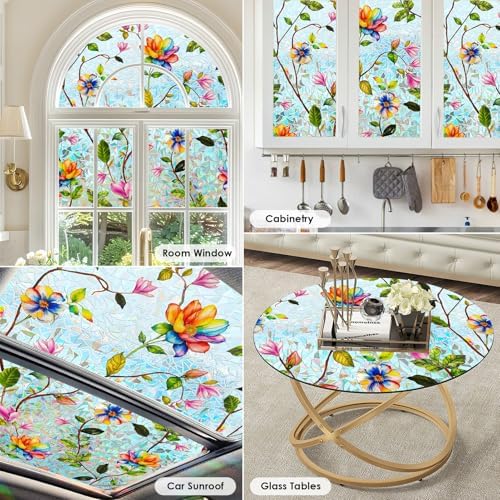 DKTIE Watercolor Garden Floral Stained Glass Window Film 17.7in X 78.7in - Image 5