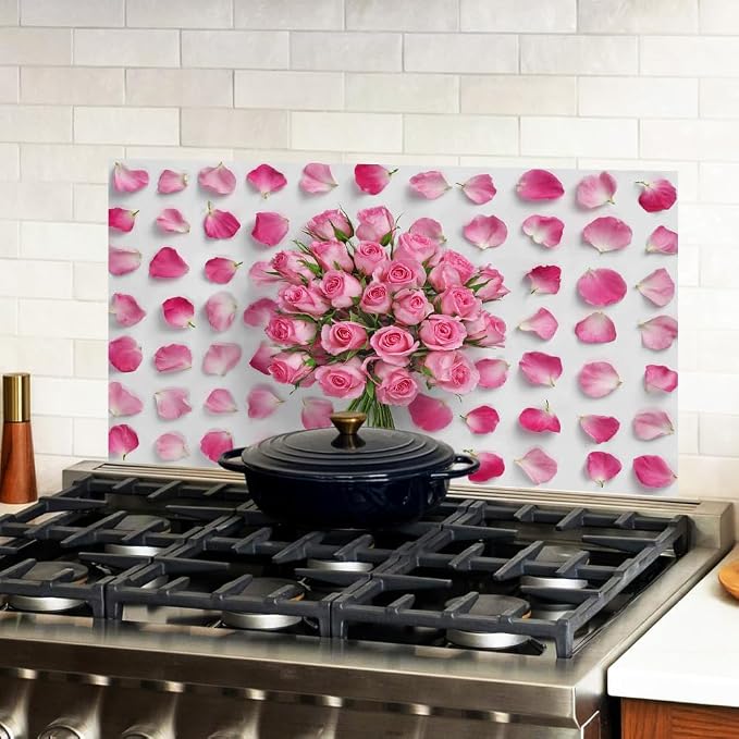 Pink Rose Floral Kitchen Backsplash Peel and Stick, 30x16 in | Pink rose bouquet surrounded by scattered petals on white; flat 2D waterproof peel and stick; wipe clean; 30x16 in - Image 2