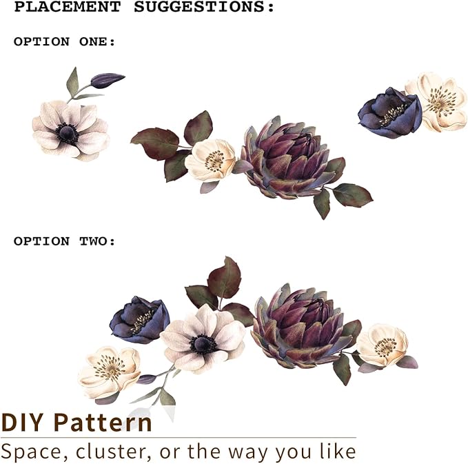 Peel and Stick Floral Wall Decals DIY for Bedroom Living Room | Large Dark Moody 8 Flowers Fabric Wall Stickers, Self-Adhesive Freestyle Layout, Largest 15.35"x28.35" Peony Rose - Image 5