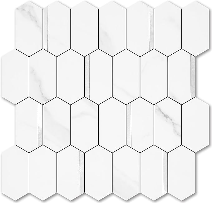 Vamos Tile Long Hexagon Peel and Stick Backsplash Tile - 10 Sheets Stick on Backsplash for Kitchen and Bathroom 12.4 x 12 Inch White Marble Look PVC Mixed Metal Silver Self Adhesive Mosaic Wall Tiles by VamosTile
