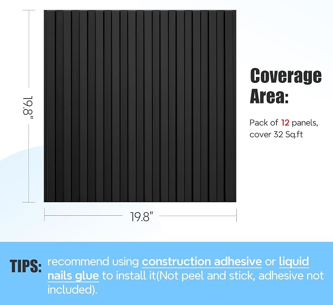 STICKGOO Slat Wall Panel, 3D Wall Panels for Interior Wall Decor PVC Fluted Textured Panel 12-Tile 19.7 x 19.7in - Black - Image 5