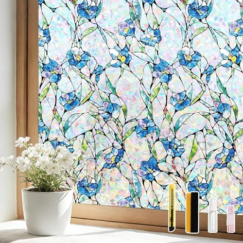 Finnez Window Privacy Film, Stained Glass Rainbow, Blue, 17.5" x 157.4" by FINNEZ