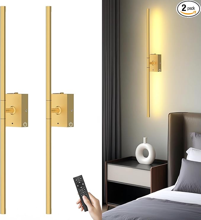 Battery Operated Wall Sconces Set of 2, Wireless Rechargeable Wall Lights | 10000mAh, Remote Control, 4CCT Dimmable, 360° Rotation, Modern Home Decor for Living Room, Bedroom, Picture Lighting, Gold by BatteryPoweredMotionSensorLight