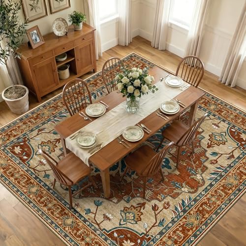 RELEANY Washable Area Rug, Square 10'x10', Red/Orange/Blue/Brown by RELEANY