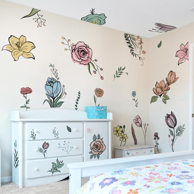 Large Boho Floral Wall Decals Watercolor Flower Wall Stickers for Bedroom Living Room, Removable Peel and Stick Wall Art for Girls Bedroom Living Room Nursery Dorm Room - Image 3