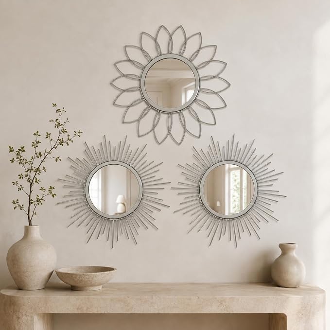Silver Sunburst Mirror 14x14 Inch, Decorative Wall Accent with Metal Frame, Small Sun Mirror for Living Room, Bedroom, Entryway, Hallway, Boho Modern Home Decor by HMANGE