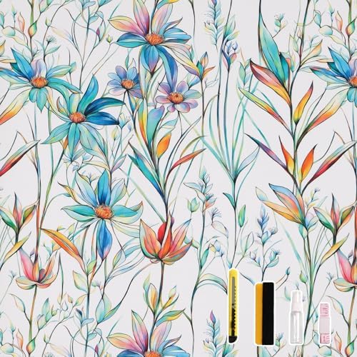 Donox Window Privacy Film, Frosted Stained Glass Window Films, Static Cling Non-Adhesive Decorative Windows Sticker for Front Door Bathroom, Heat Control Anti UV(Blue Lotus,23.6 x 157.4 inches) by Donox