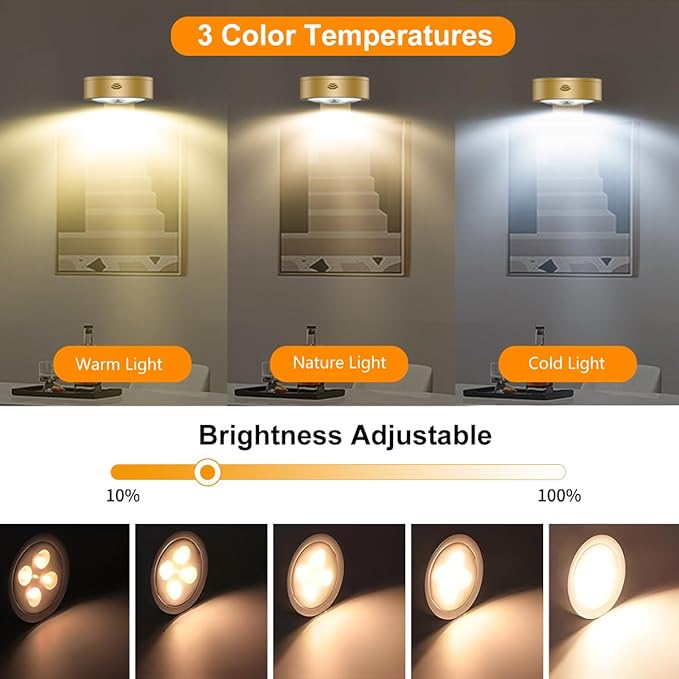 3Pack Picture Light Battery Operated Painting Lights for Wall Wireless Magnetic Display Art Light with Remote Control,Dimmable&Timer Portrait Light for Art Frame Artworking,Wall Decor Puck Lights-Gold | 3Pcs Wireless Magnetic Display Art Light with Dim... - Image 3