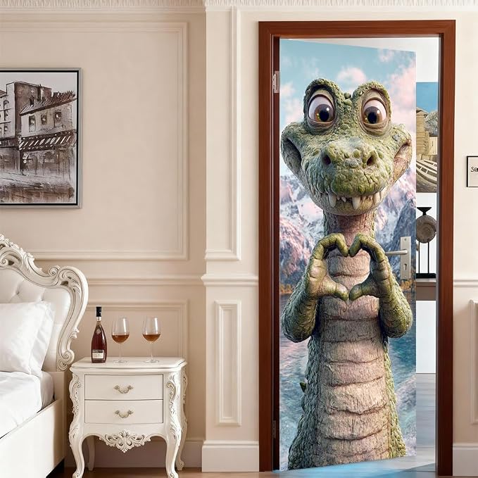 Cute Dragon Door Mural, Fantasy Green Creature Door Cover | Waterproof PVC, 30.3" W x 78.7" L; cute fantasy dragon design for bedroom, kids room, game room or closet doors. - Image 3