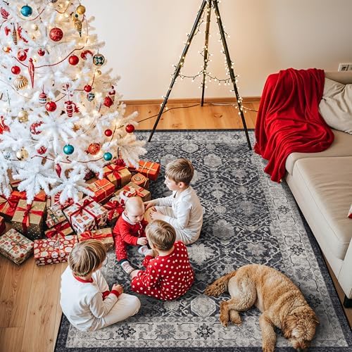 4x6 Living Room Area Rugs: Washable Non-Slip Boho Decorative Rugs for Bedroom Nursery Low Pile Neutral Small Carpet for Kitchen Dining Room Non-Shedding Floor Mat for Kids Room Office (4x6，Black) by HYHAOYUNLAI