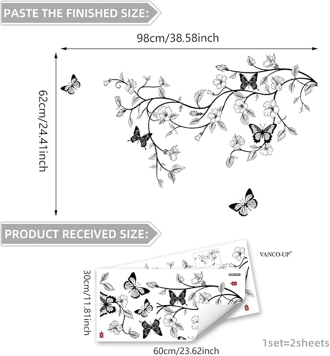 2 Sheets Black Flower Vine Wall Decals Peel and Stick Removable Butterfly Wall Stickers & Murals Vinyl Floral Simplicity Wall Stickers Decor for Bathroom Living Room Kitchen Landry Shower Door Art - Image 6