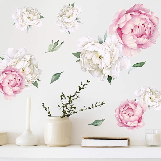 Peony Watercolor Wall Decals (Pink and White Watercolor) - Spring Decor Flowers Decals for Wall - Botanical Bedroom Sticker Girls - Floral Peonies Pink Botanical Stickers Bedroom Nursery w/test Sample by DesignStickers
