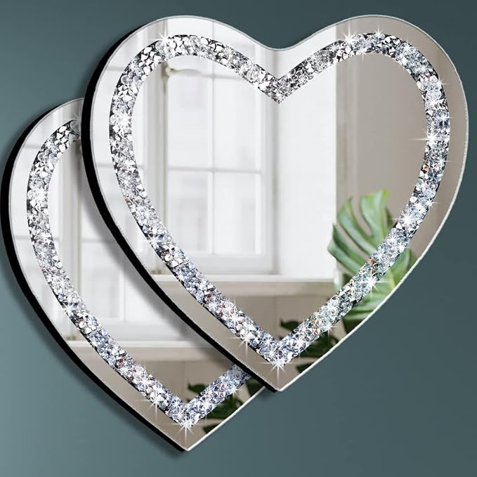 DMDFIRST Heart Shaped Silver Glass Mirror 2 Pack 12x12inch Crystal Crush Diamond Decor Chain Mirror for Wall Decoration by DMDFIRST