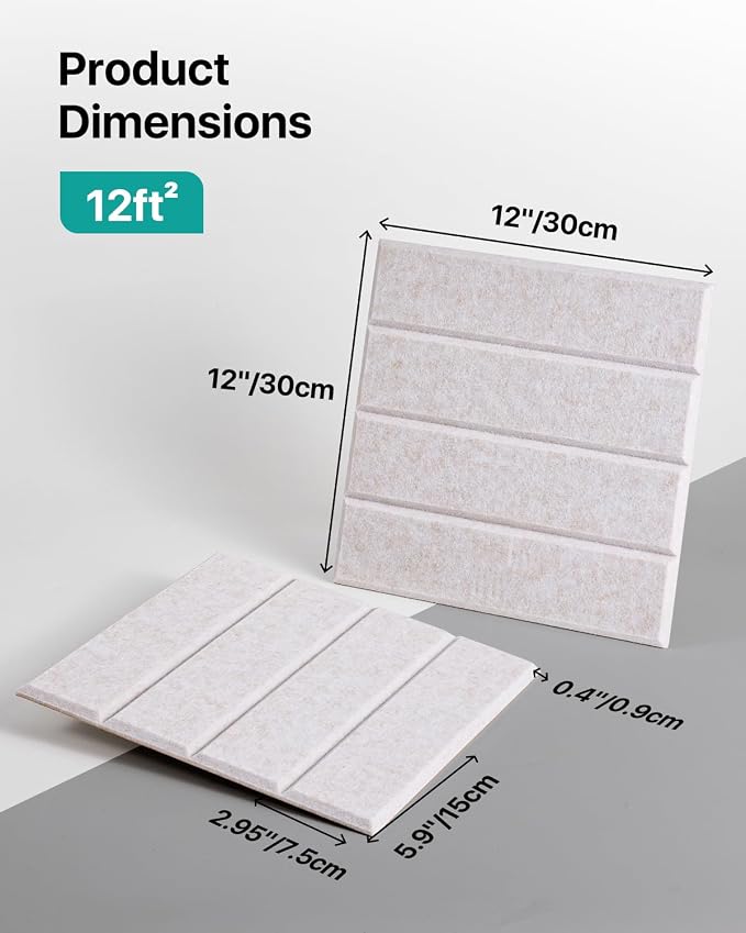 Soundsbay Sound Proof Foam Panels for Walls Self-Adhesive, 12-Pack 12"X12" | Cover 11.6 sq.ft, 150kg/m³ High-Density Polyester, Soundproof Wall Panels for Recording Studio, Home Theater, Office Beige - Image 6