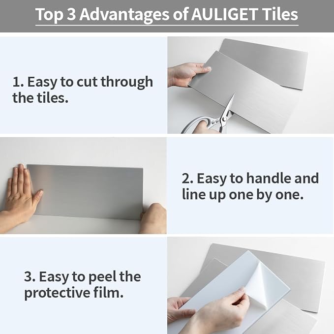 AULIGET 2-Piece Stainless Steel Look Peel and Stick Backsplash Tile, 6" x 12" Silver Aluminum Stick on Tiles for Backsplash Kitchen (Non-Magnetic) - Image 8