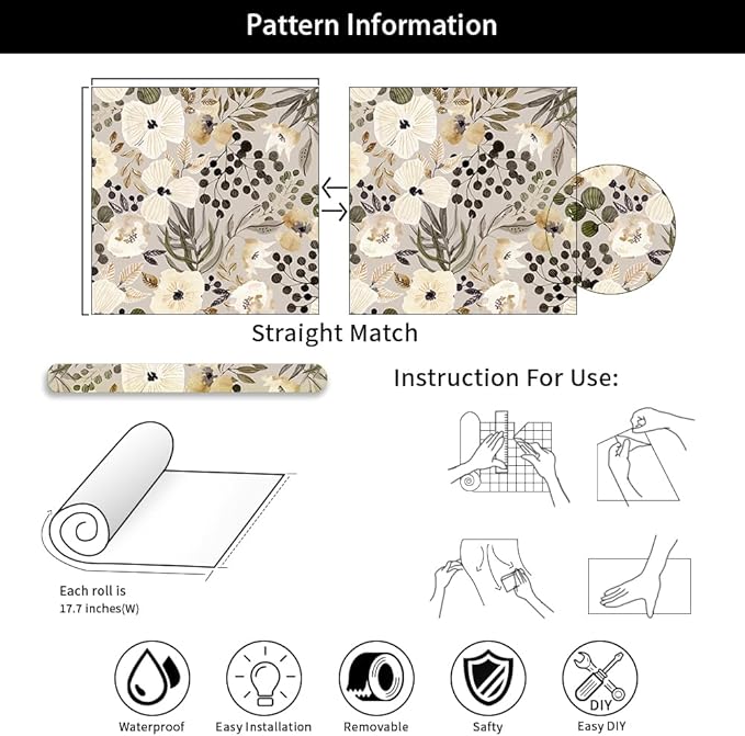 18"x236" Boho Cream/Brown Daisy Flower Peel and Stick Self Adhesive Wallpaper Removable Contact Paper Stick on Easy Peel Off Wall Paper for Kitchen Bedroom Bathroom Renter - Image 7