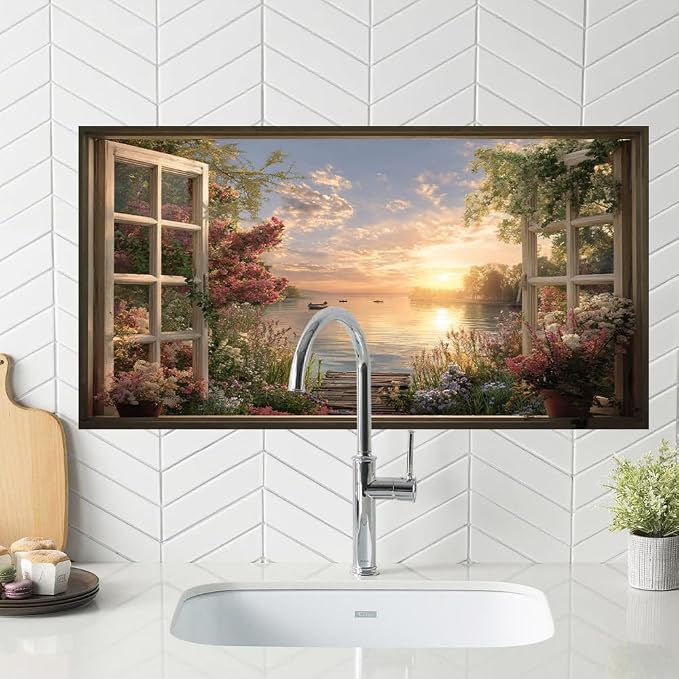 Lake Sunset Kitchen Backsplash Peel and Stick, 30x16 in | Garden window view of golden sunset over flower-lined lake with boats; flat 2D waterproof peel and stick; wipe clean - Image 5