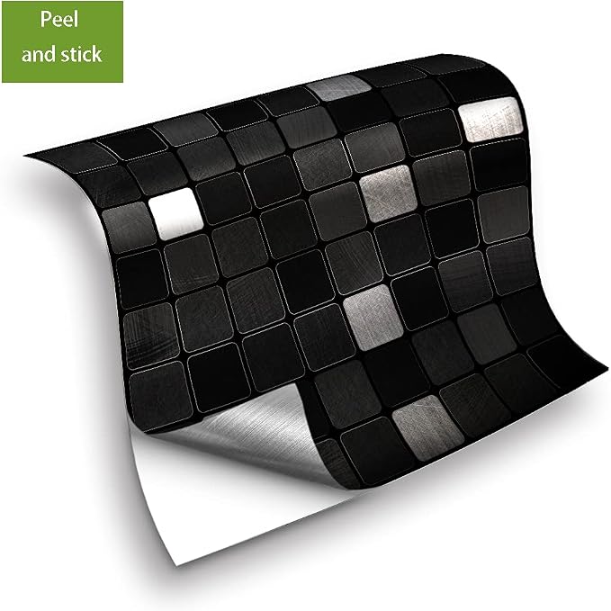 Alwayspon 25 Pcs Brushed Silver Peel and Stick Transfer, Water-Proof Wall Tile Sticker, Black Metallic Mosaic, 4x4inch - Image 6