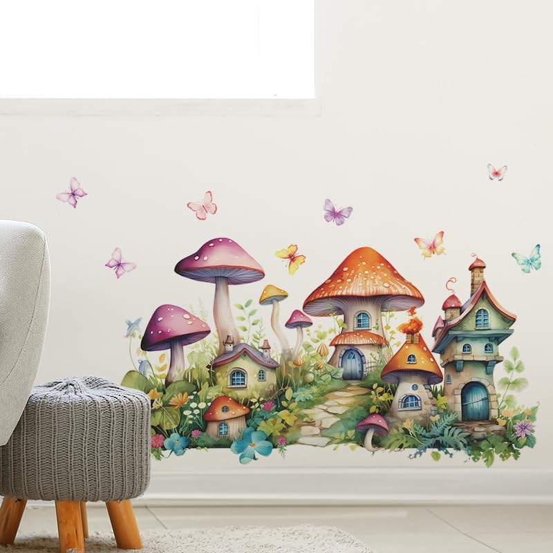 2 Sheets Colorful Cartoon Mushroom House Wall Stickers Removable DIY Green Plants and Flower Wall Stickers Viny Colorful Butterfly Wall Decal for Girls Home Nursery Bedroom Bathroom Decoration - Image 4
