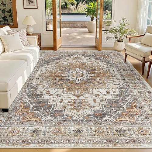 Madane 6x9 Area Rugs for Living Room, Vintage Washable Rug, Turmeric/Grey by Madane