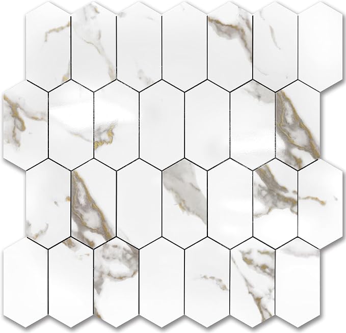 Vamos Tile Long Hexagon Peel and Stick Backsplash Tile - 10 Sheets Stick on Backsplash for Kitchen and Bathroom 12.4 x 12 Inch Glossy White Marble with Gold Veining PVC Self Adhesive Mosaic Wall Tiles by VamosTile