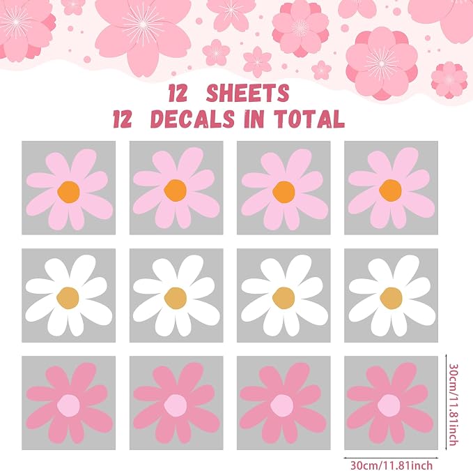 TaoBary 12 Sheet Big Daisy Wall Sticker Decal Pink White Flower Wall Decal | Large Flower Wall Sticker, Floral Decal, Daisy Bedroom Room Decor, Removable Peel and Stick, Nursery Home Wall Decor - Image 2