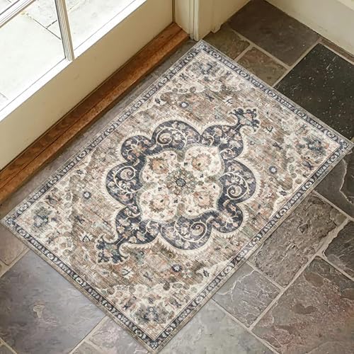 ReaLife Rugs Machine Washable Area Rug - Living Room Bedroom Bathroom Kitchen Entryway Office - Padded Crease Free Stain Resistant Premium - Boho Farmhouse Vintage- Joy - Brown Tan - 2'x 3' by ReaLifeRugs