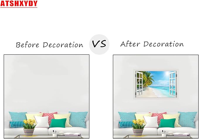 Fake Window Wall Decal- Summer Beach Ocean Tropical Coconut Tree Art Mural | Faux Window Natural Scenery Landscape Sticker｜ Stick and Peel Wall Decals｜Room Bedroom Office Decor｜48"x32",Set of 2 Sheets - Image 2