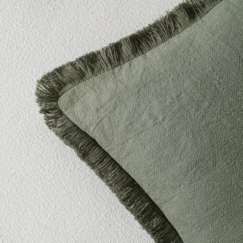 MIULEE Linen Fringe Decorative Throw Pillow Covers Light Olive Green 20x20 - Image 3
