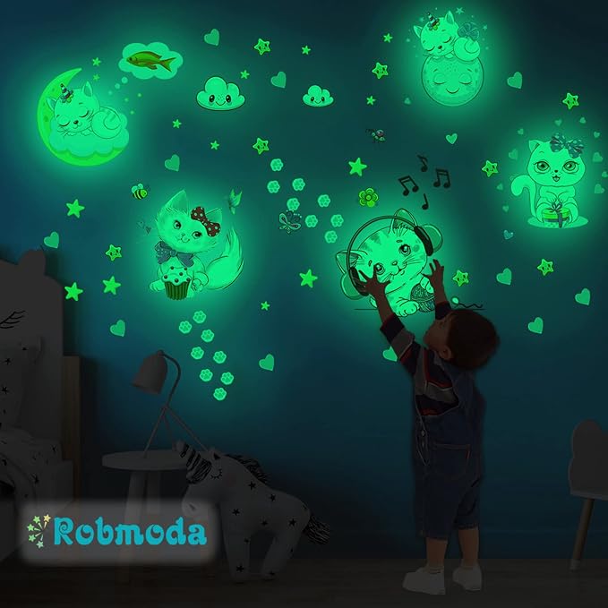Glow in The Dark Stars for Room,Cats Glowing Wall/Ceiling Decals, Kitten Butterflies Stickers for Kids Bedroom, Clouds Bees Luminous Wall Decor for Boy and Girl Living Room - Image 2