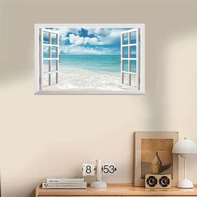 Fake Window Wall Mural White Beach (64"x48") | Peel and Stick Faux Window Wall Sticker Decal Poster for Bedroom Home Decor - Image 2