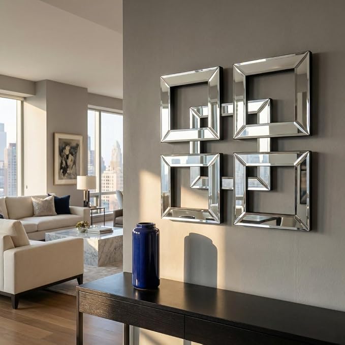 QMDECOR Silver Mirrored Wall Decor 16x16” Decorative Mirror Modern Fashion DIY Wall-Mounted Mirrors Square Design Gorgeous Glam Accent Decor Vintage Decor Chic Mirror for Room Decor Home Decor - Image 2
