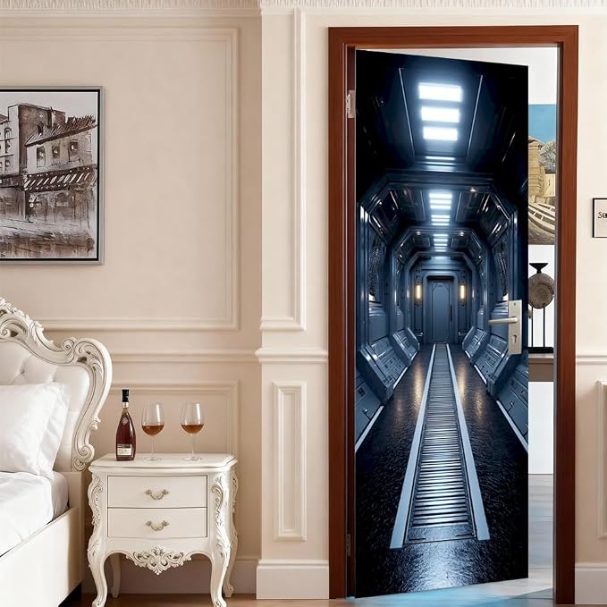 Sci Fi Corridor Door Mural, Futuristic Space Door Cover | Waterproof PVC, 30.3" W x 78.7" L; futuristic corridor design for bedroom, game room, office or closet doors. - Image 3
