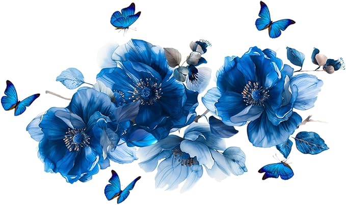 Blue Flower Wall Decals Peel and Stick Peony Floral Wall Sticker Decor Removable Peonies Bouquet Wall Murals with Butterflies for Girls Bedroom Living Room Bathroom Hallway Door Office Kids Nursery - Image 7