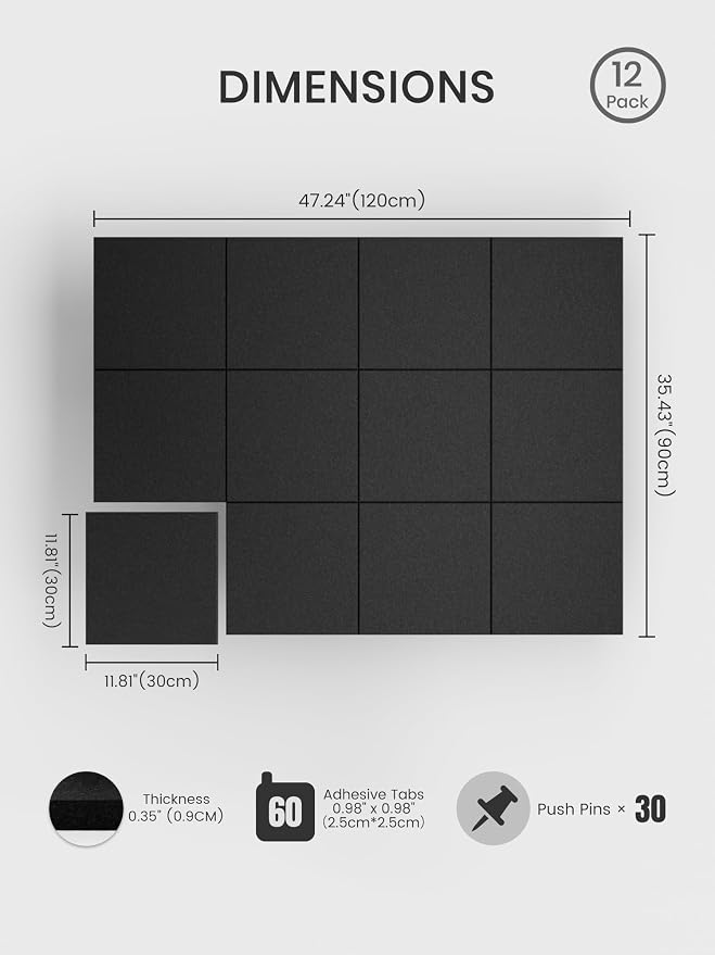 Bumusty 48"x 36" Large Felt Bulletin Board Tiles, Black | 12-Pack Cork Board Alternative, Wall Decor, 30 Pushpins, 60 Adhesive Tabs, Vision Board, Office, Classroom, Home, Dorm - Image 2