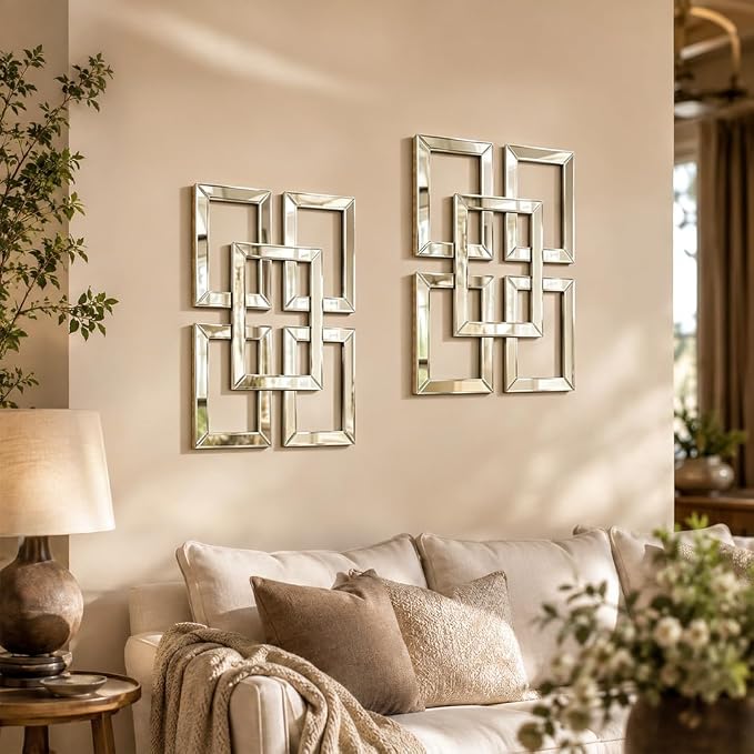 Square Decorative Wall Mirror 13 x 17 Inch, Silver Frameless Mirror Wall Decor with Beveled Edge, Modern Wall Mounted Accent Mirror for Living Room, Bedroom, Hallway, Set of 2 by OPULINEA