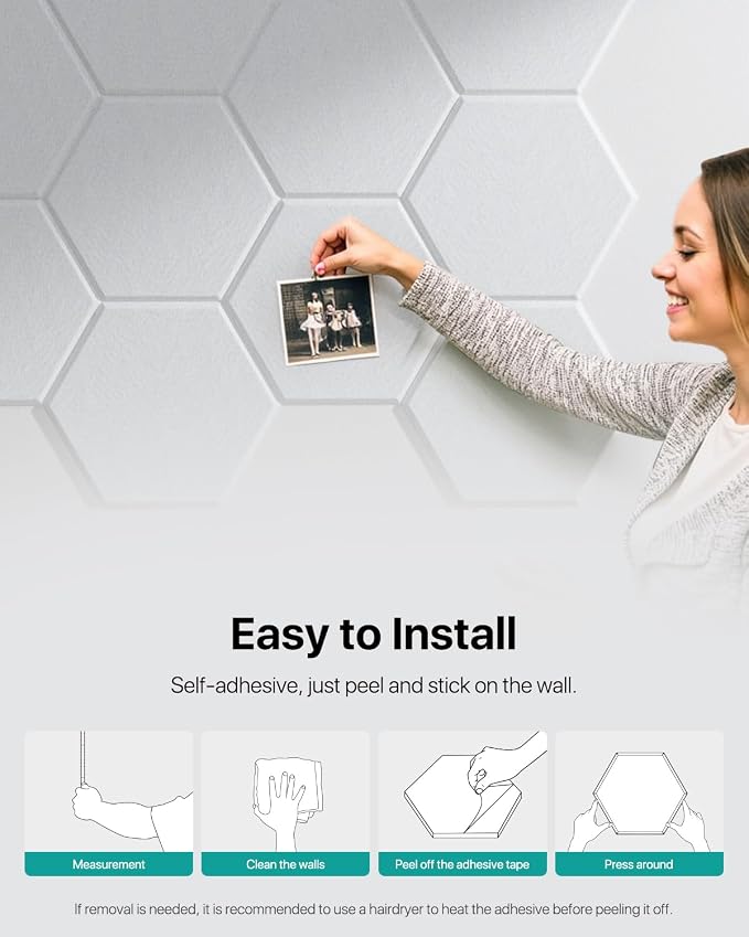 Soundsbay Hexagon Acoustic Panels, Self-Adhesive 18 Pack Sound Panels | 150kg/m³ High-Density Polyester, Covers 15 sq ft Soundproof Wall Panels for Walls, Office, Ceiling 12" X 10" White - Image 8