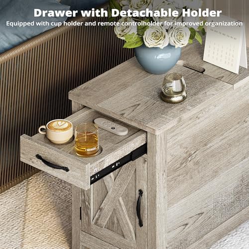 IRONCK End Table with Charging Station, Narrow Side Table, Beige Maple - Image 6