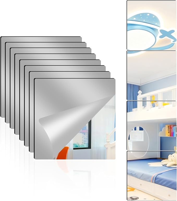 8 Pack Acrylic Mirrors for Wall,8 x 8 Inch Self Adhesive Frameless Small Mirror Tiles, Flexible Plastic Mirror Sheets for Bedroom Home Gym Door (8"X8"-8Pcs) by Unknown