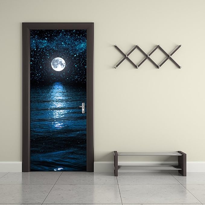 Door Stickers Peel Stick Murals-Wall Cover Decorative Decal Moonlit Sea | 30.3"W x 78.7"H, 3D Moonlit Sea Wallpaper，Waterproof Removable Opaque Vinyl Self Adhesive Fake Door Decor for Home Office - Image 6