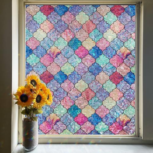 Stained Glass Window Film, Rainbow Decorative Window Privacy Film with No-Glue, Static Cling Glass Covering Window Tint Sticker for Home Decor & Heat Blocking, 17.3 x 157.4 Inches by FEOMOSDIRECT