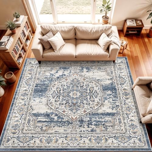 7x7 Area Rug Washable Living Room Rugs: 7ft Square Ultra Thin Soft Oriental Area Rugs Non-Slip Backing Farmhouse Rug Low Pile Thin Stain Resistant Indoor Carpets, 7' x 7' Blue - Image 2