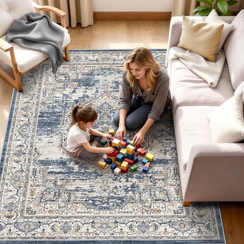 Washable Area Rugs 5x6 Entryway: Soft Ultra Thin Low Pile Mat Machine Washable Indoor Doormat Lightweight Entry Rug Anti Slip Backing Rugs for Living Room Bedroom Kitchen 5'x6' Blue - Image 2