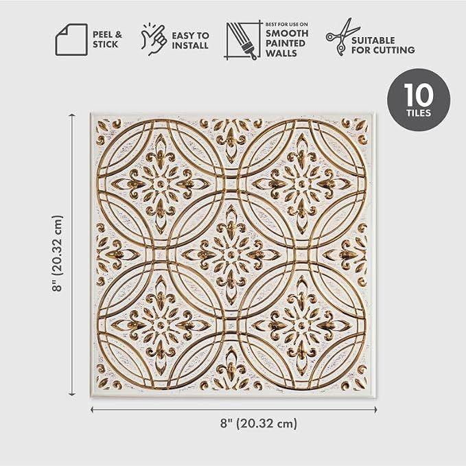 Peel and Stick Metal Tiles, Pastel Painted Gold, 10-Pack | 8 x 8 in tile size; Covers up to 4.44 sq ft; Aluminum; Water-resistant surface; For kitchens, ceilings, DIY projects - Image 2