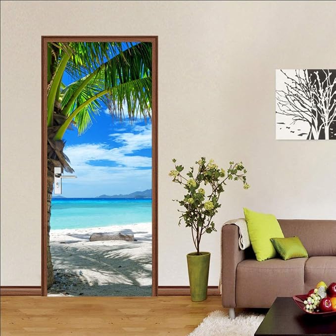 Door Stickers Peel Stick Murals-Wall Covers Decorative Decal Coconut Tree | 30.3"W x 78.7"H, 3D Coconut Tree Wallpaper，Waterproof Removable Opaque Vinyl Self Adhesive Fake Door Decor for Home Office by ChezMax