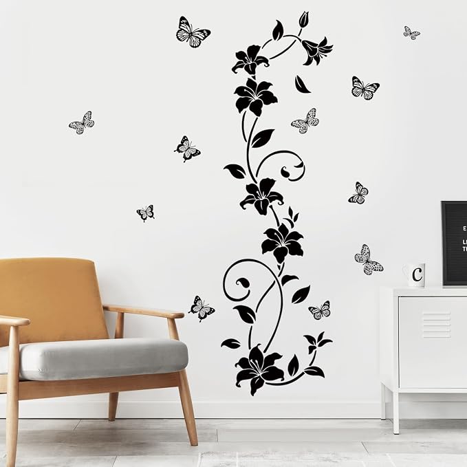 SHUCHING Black Flower Vine Butterfly Wall Decals for Bathroom | Simplicity Floral Wall Sticker, Shower Door Decals for Glass, Wall Decor Art for Bedroom Office - Image 2
