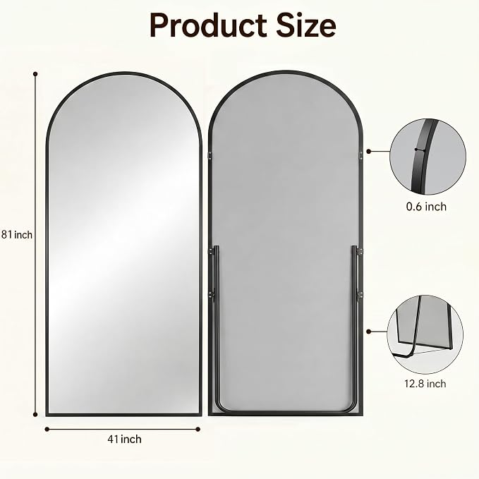 Antok Full Length Mirror, 81"x41" Floor Mirror with Stand, Black, Arched - Image 7
