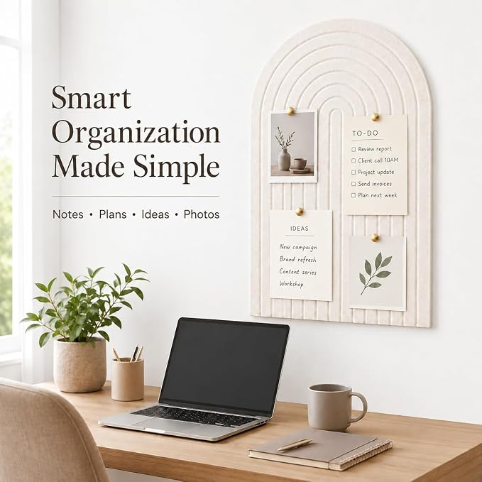 Large Arched Felt Bulletin Board, Sized 36" x 24" for Office & Wall Decor – 6 Customizable Adhesive Tiles with Pins are Perfect to Display Your Photos (Khaki-A) - Image 4