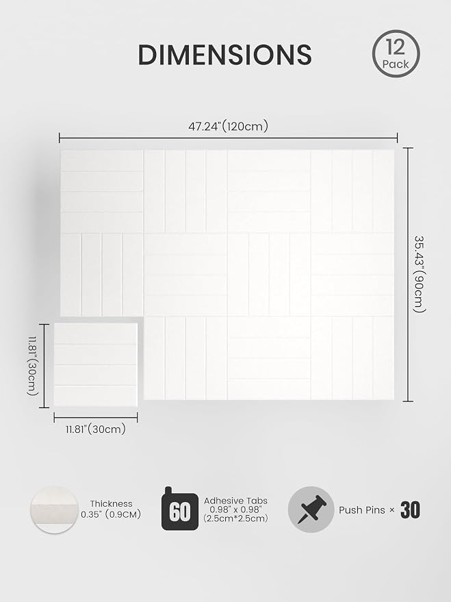 Bumusty 48"x 36" Large Felt Bulletin Board Tiles, Milky White | 12-Pack Cork Board Alternative, Wall Decor, 30 Pushpins, 60 Adhesive Tabs, Vision Board, Office, Classroom, Home, Dorm - Image 2